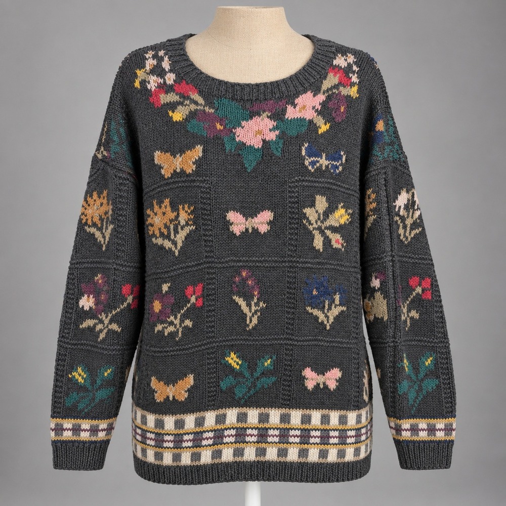 Vintage 90s Express Floral Butterfly Sweater Gray Patchwork Cottagecore Granny
